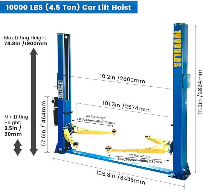 110V Two Post Car Lift 10,000 LBS Heavy Duty Floor Plate 2 Posts Auto Hoist Truck Lift for Garage w/ 36 Months Parts Replacement