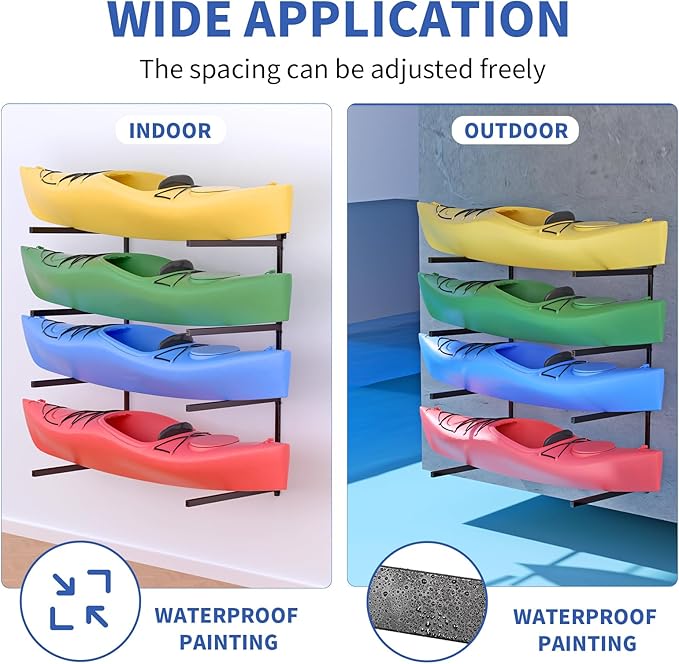 Wall Mounted Kayak Storage Rack, Kayak Racks for Outdoor Storage, Kayak Wall Mount 4 Tier Adjustable Surfboard Paddleboards Holder, Holds Up to 220 lbs