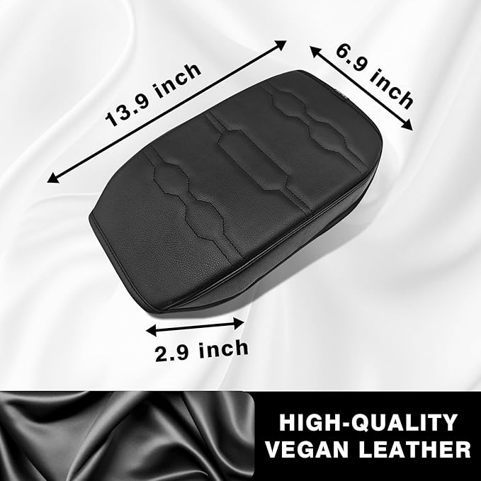 Muslogy Center Console Armrest Cover Compatible with Ford Ranger 2024 2025 Accessories Comfort Armrest Pad Cushion Box Lid Cover Vegan Leather Protector Regular Thick(Black/Black Stitching)