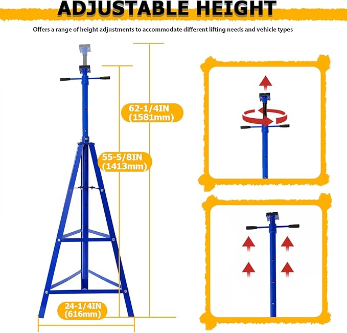 KUAFU Adjustable Under Hoist Tripod Stand, 4500 LBS Load Capacity, 2 Ton High Lift Jack Stand Reach Under Hoist Stand for Repair Shops, Garages and DIY, 55.63"-62.25" Steel Powder Coated Blue