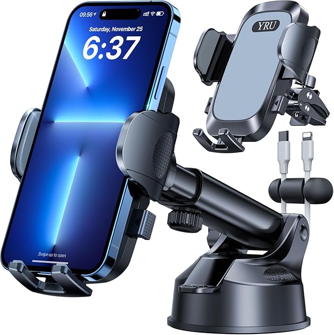 YRU [2025 Upgrade Extreme Strong Suction] Car Phone Holder Mount,[Bumpy Road Stable] Dashboard Cell Phone Holder for Car Vent Windshield Phone Stand for iPhone 16 15 14 13 Pro Max Samsung Truck, Grey