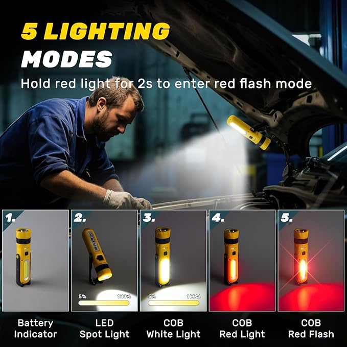 LED Rechargeable Work Light with Magnetic Base, 1800mAh Magnetic Flashlight with 300° Rotation, 3 Modes Portable Mechanic Light for Car Repair Camping Emergency (2 Pack)