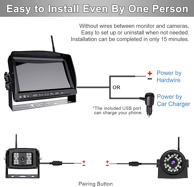 Fookoo HD 7" Wireless Backup Camera System, 1080P 7" Quad Split Screen Monitor, IP69 Waterproof Side Rear View Cameras, Parking Lines, Loop Recording, Digital Signal for RV/Trailer/Truck/Bus (DW7T4)