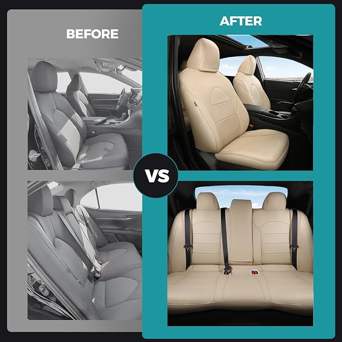 for Toyota Camry Seat Covers Hybrid LE SE 2018 2019 2020 2021 2022 2023 2024 - Custom Car Seat Covers Full Set, Breathable Leather Seat Cover for Cars, Waterproof Cushion Protectors, Beige