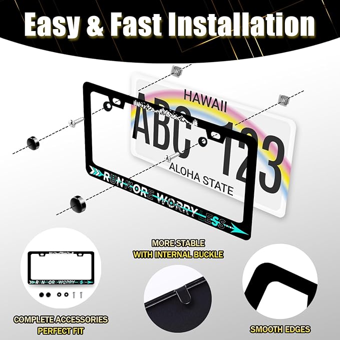 Run More Worry Less License Plate Frame Mountain Arrow License Plate Holder Stainless Steel Front and Rear Car Tags Auto Parts Funny License Plate Decoration with Screws Men Women 12.2" x 6.2"
