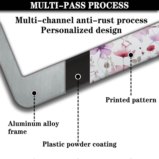 License Plate Frame Holder for Women Powder License Plate Frames for Men Pink Flower Aluminum Metal Car Accessory 2 Pack with Screw Covers Set