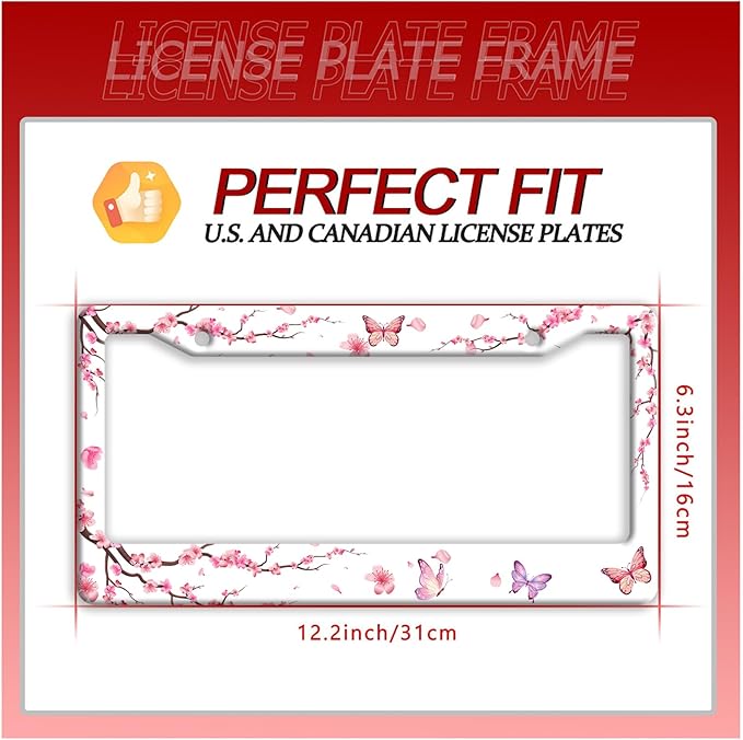 Pink Cherry Blossom Butterfly License Plate Frame Beautiful Flowers License Plate Holder Funny Stainless Steel Accessories Cars Decor With 2 Holes And Screws Fits Standard Us Ca Vehicles 12.2 X 6 Inch