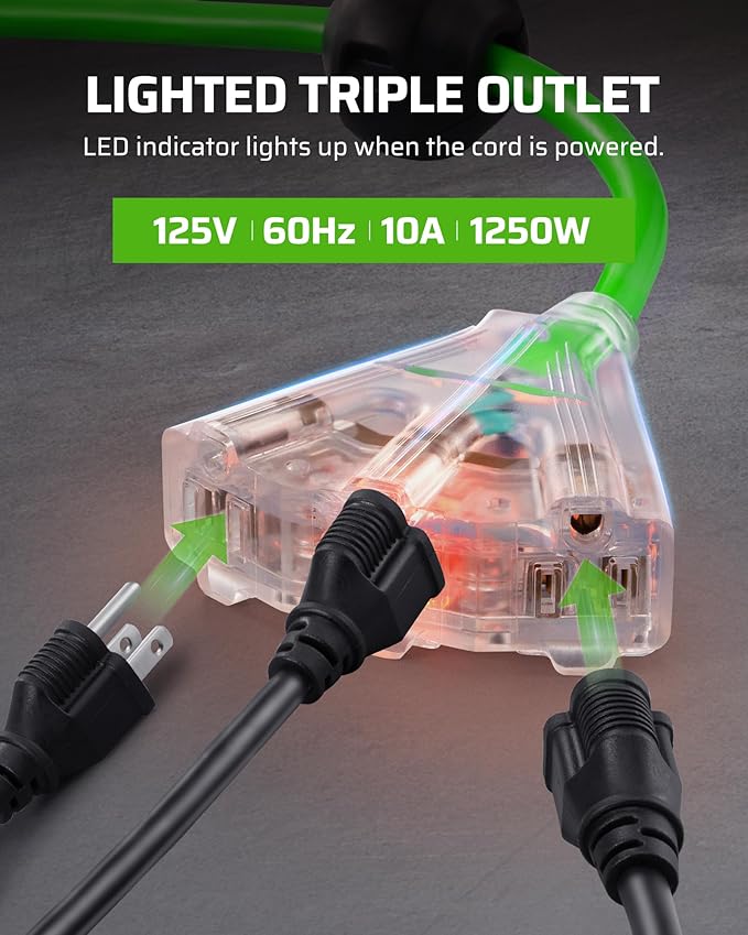 DEWENWILS Retractable Extension Cord Reel, 75 FT Heavy Duty Power Cord, 14/3C SJTOW Retractable Cord Reel, Lighted Triple Outlets, 10A Circuit Breaker, Wall/Ceiling Mount, UL Listed, Green