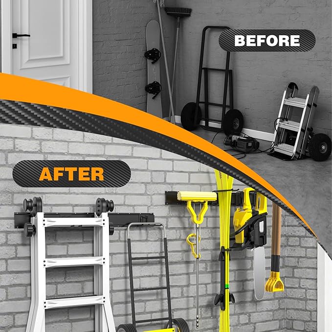 48 Inches Garage Storage, Garage Organization, Wall Mount Garden Tool Organizer, 480 lbs Capacity, Adjustable Metal Hanging Hooks for Shovel Rake Broom Ladder