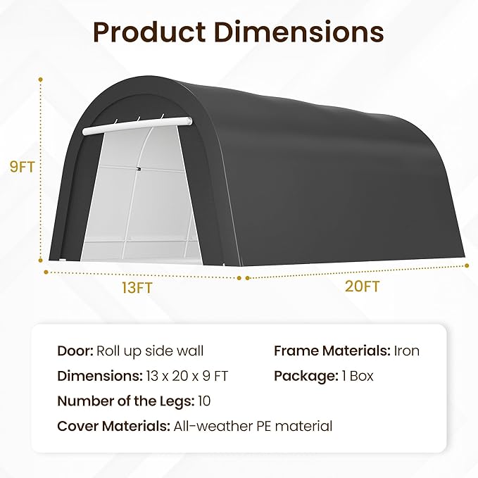 Kiss the Water Carport, Round Portable Garage, Steel Heavy Duty Carport with Ground Stakes, Tensioner and 2 Roll Up Windows PE Fabric Car Port, Tent for Storage, Storage Shed, Garage, SUV (13x20 Ft)