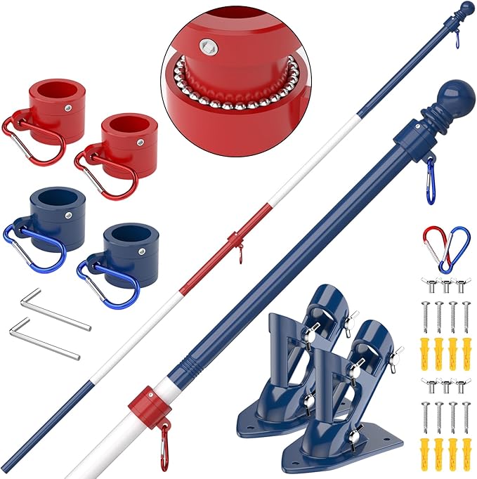 ZMTECH Flag Pole - Upgraded Bracket,(2 Packs) 6 FT Stainless Steel Flag Poles for Outside House, Residential or Commerical, Tangle Free Flag Pole Kit (Without Flag, Blue&White&Red)