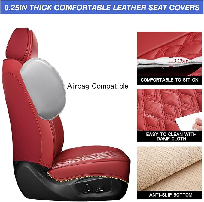 Car Seat Covers Full Set, Leather Seat Covers for Cars, Car Seat Protector Waterproof, Non-Slip Car Interior Covers Fit for Most Cars, SUV, Vans, Trucks,5Seaters,Full Set,Wine-Red
