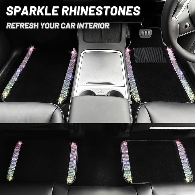 NBTEPEM Multicolor Bling Car Floor Mats Full Set, Universal Fit Most Cars,SUV, Trucks, 4 pcs Sparkle Glitter Diamond Carpet for Women Girls with Anti-Slip Pad (Colorful Diamond)