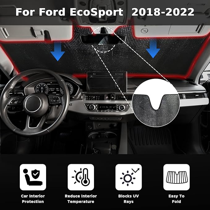 Windshield Sun Shade for Ford EcoSport 2018-2022 - 5-Layer Bubble Foldable Front Window Shade Sun Visor Accessories - Blocks Heat & UV Ray
