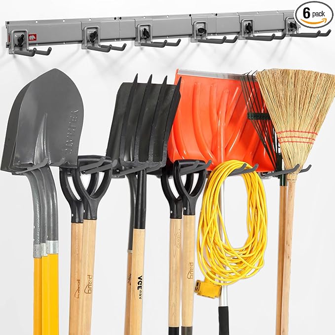 Clamping Garden Tool Organizer, Garage Organization Wall Mount Tool Holder, Heavy Duty Garage Storage Tool Rack, Shovel Hangers Yard Tool Hook, Hold Up to 420lbs (48Inch Grey)