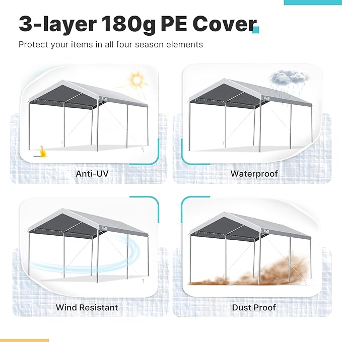 ADVANCE OUTDOOR Adjustable 10x15 ft Heavy Duty Carport Car Canopy Garage Boat Shelter Party Tent, Adjustable Height from 9.5 ft to 11 ft, Gray