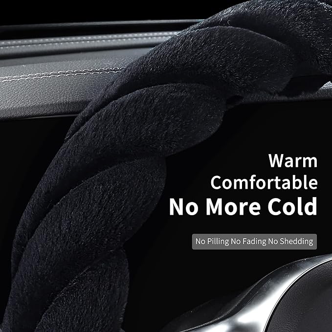 Luxury Fluffy Winter Car Steering Wheel Cover for Women Soft Warm Cute Auto Handle Cover for Jeep, Truck, Van, F150, Fuzzy, Anti Slip, Black, Large Size, 15.2-16in