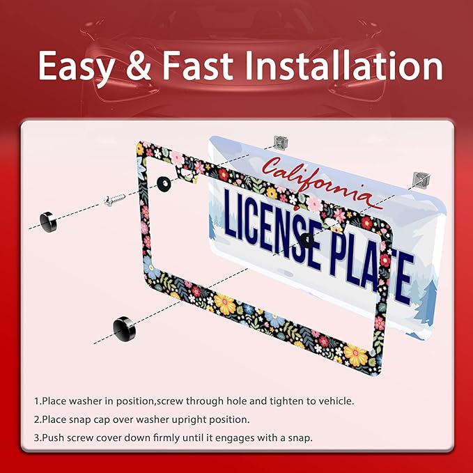 2Pcs Colorful Floral Flowers License Plate Frame Personalise Cute License Plate Frames Car License Plate Accessories Screws Decor for Standard Us Canada License Plate Holder 12"x6"