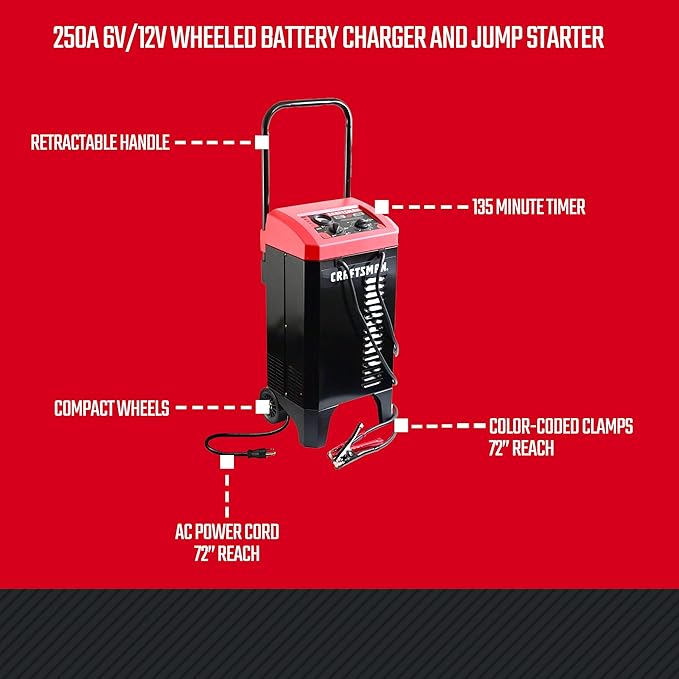 CRAFTSMAN Wheeled Battery Charger and Engine Starter, CMXCESM233, 2-in-1 Manual Timer Controlled, 250 Cranking Amps, 6 Volt, 12 Volt, for Car, SUV, Truck, and Marine Batteries