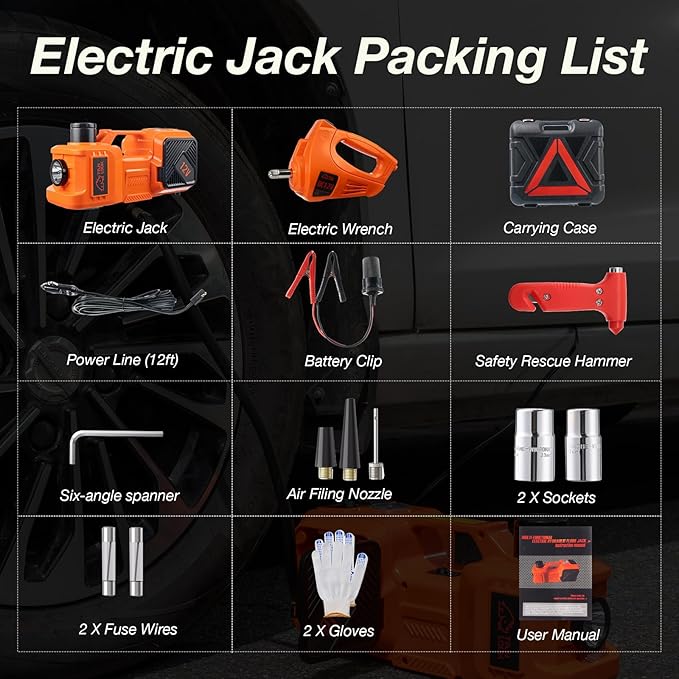 Electric Car Jack Kit with Hydraulic Lift 5-Ton, Tire Inflator & Impact Wrench Heavy-Duty 12V Floor Jack for Sedans,SUVs,MPVs & Trucks.Ideal for Tire Changes & Garage Repairs (with Electric Wrench)