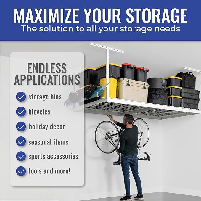 SafeRacks 4 ft x 8 ft Overhead Storage Rack Adjustable 24 in - 45in Height (White) With Accessory Pack With 8-Piece Deluxe Hook Accessory Pack