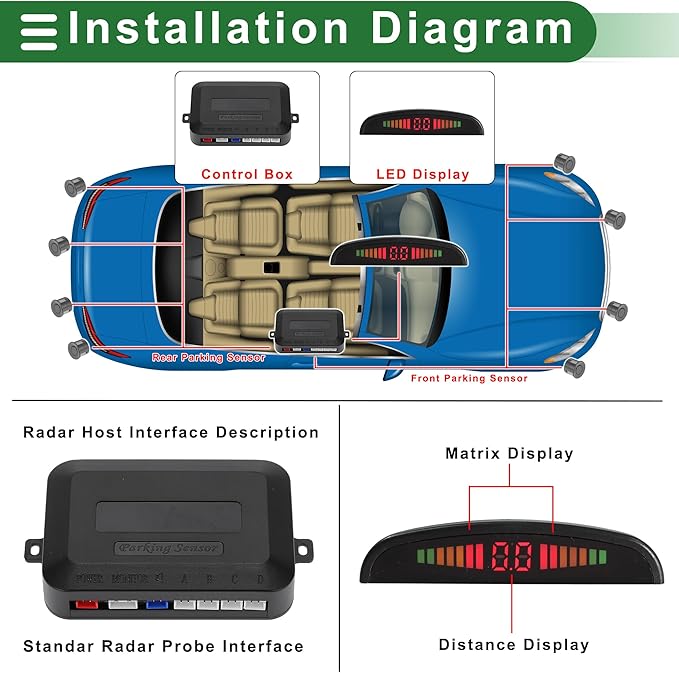 Motoforti Universal Car Auto Vehicle Reverse Backup Radar System Reverse Parking Sensors Alarm Buzzer Reminder Distance Detection Gray 4Parking Sensors