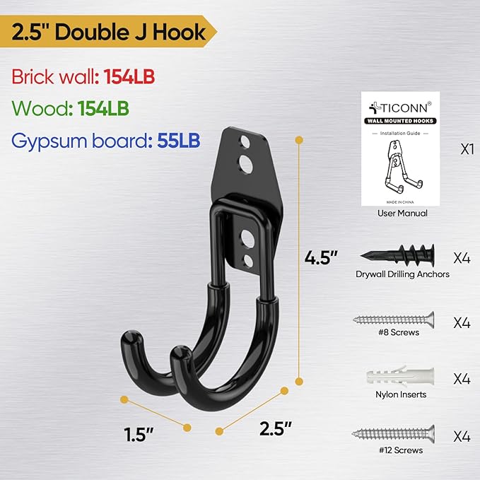 TICONN 2 Pack Heavy Duty Garage Hooks, Steel Utility Wall Storage Hooks, Wall Mount Hanger Organizer for Ladders, Bikes, Tools, Bulky Items (Small, Yellow Circular)
