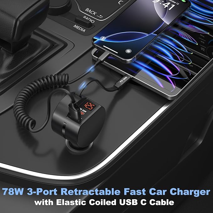 Retractable Car Charger USB C, OKRAY 78W 3-Port 12v Cigarette Lighter Adapter PD30W Fast Charging Type C Car Phone Charger & Coiled USB C Cable for iPhone 16 15 Pro, Samsung Galaxy S25 S24 A16, 2Pack