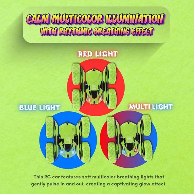 RC Stunt Car, Remote Control Double-Sided Driving 360° Flips & Rotations, Rechargeable Lithium Batteries, Color-Changing Lights, for Kids Ages 6-12, Green