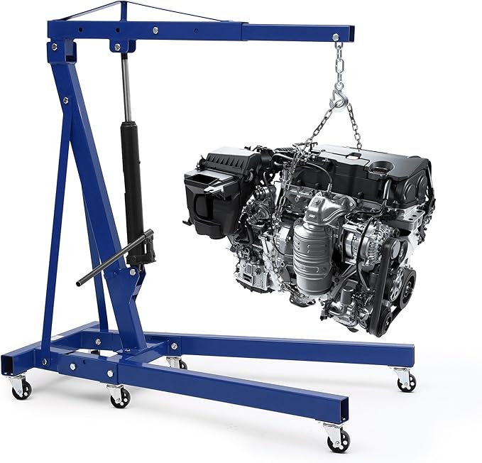 Engine Hoist Cherry Picker, 2 Ton Folding Hydraulic Engine Hoist with Telescopic Boom & 6 Casters, Heavy Duty Shop Crane Lifting Cherry Picker for Workshops Garage, Blue