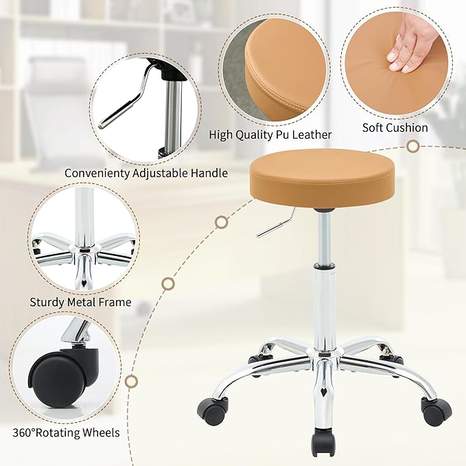 Rolling Massage Chair, Adjustable Hair Cutting Stool 19.5’’-26.6’’, Camel Brown Vanity Stool with Wheels (Camel Brown)