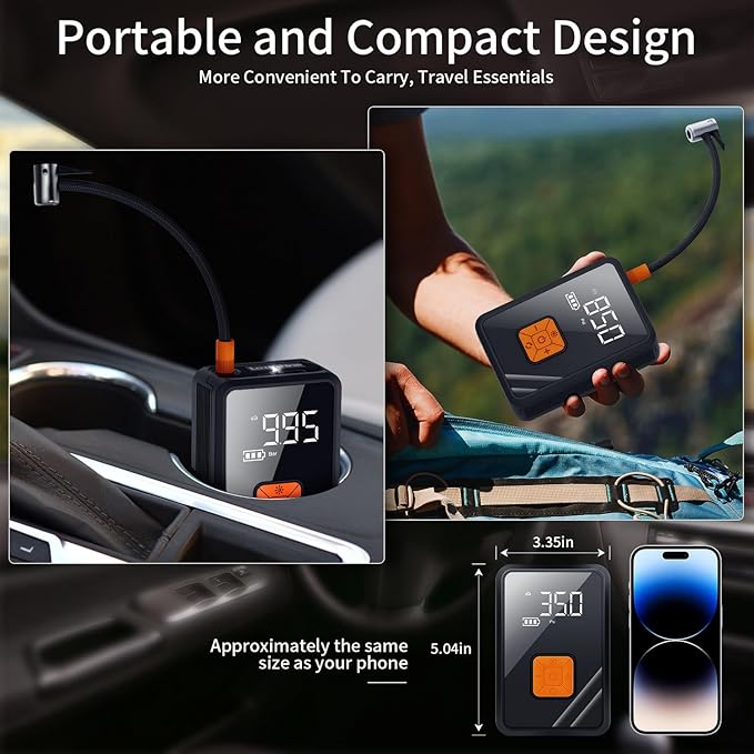 Portable Air Pump for Car Tires, 150 PSI Tire Inflator Cordless with LED Light, Rechargeable Auto Shut-off Air Compressor 2X Fast Inflation Tire Pumps for Car Bike Motorcycle Ball