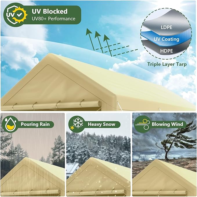 10x20 ft Heavy Duty Carport with Removable Sidewalls,All Weather Carport Garage Party Tent Large Outdoor Canopy Storage Shed for Auto,Truck,Boat,Party (Beige)