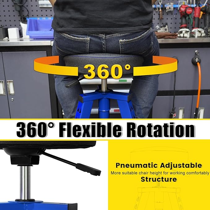 Adjustable Tall Shop Stool, Mechanics Garage Stool Chair, Work Metal Chair for Workshop, Adjustable Height, 360° Swivel Padded Seat, Tool Tray Storage, 350 LBS Capacity, Heavy Duty, Blue