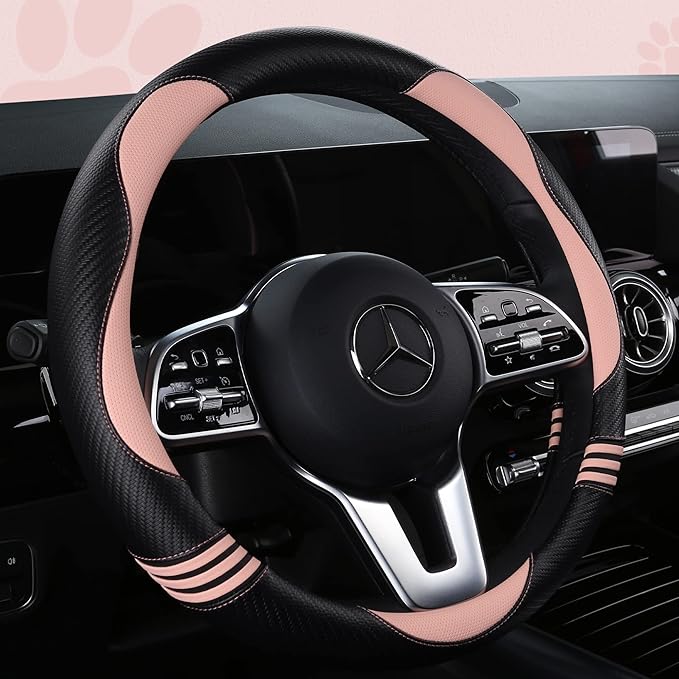 Car Steering Wheel Covers for Women Padded Carbon Fiber PU Leather Cute Auto Interior Accessories for Vehicle, Sedan, Universal, Anti Slip, Pink, Standard Size 14.5-15"(37-38cm)