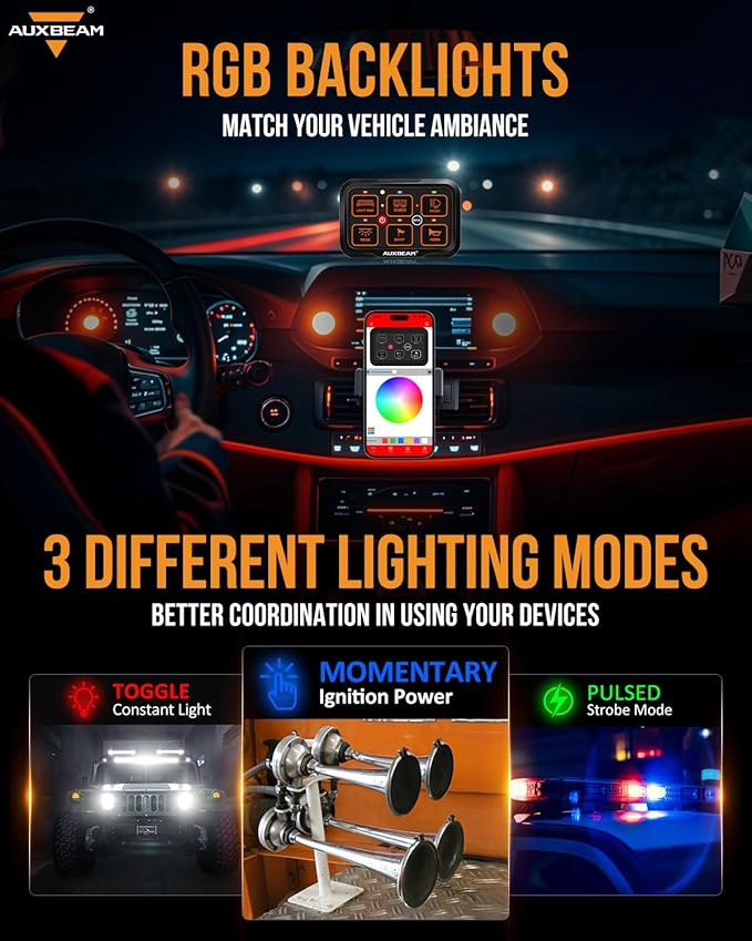 Auxbeam 6 Gang Switch Panel Bluetooth RGB AR-600 with Toggle Momentary Pulsed Modes Multifunctional Switch pod with Manual and Automatic Backlit Control Boat Switch Panel for Truck Car ATV Waterproof