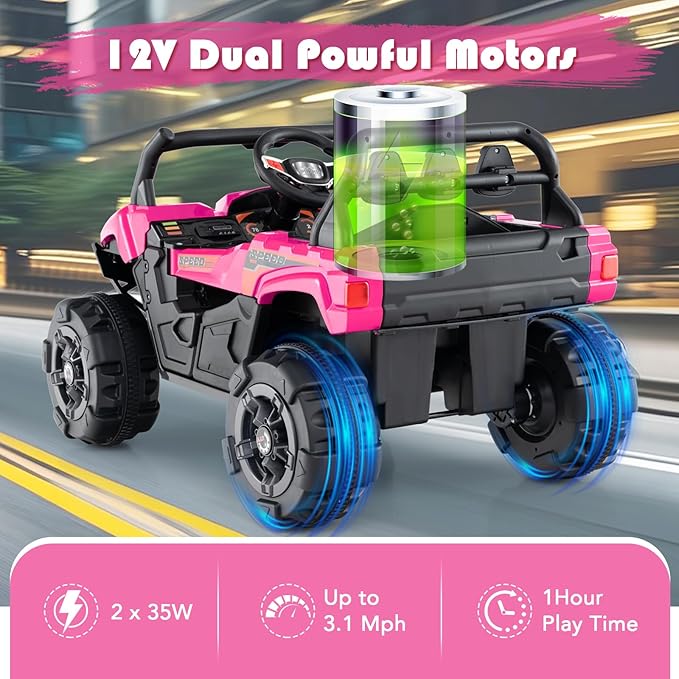 OLAKIDS 12V Ride on Car UTV, Battery Powered Off-Road Kids Electric Vehicles with Remote Control, Music, Horn, MP3, Lights, 3 Speeds, Soft Start, Ride on Truck for Boys Girls (Pink)