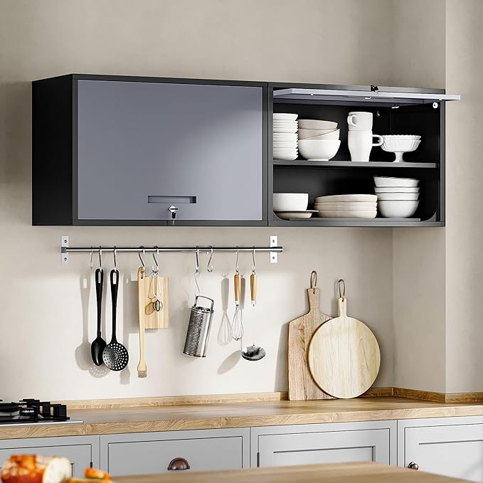 Yizosh Metal Wall Cabinet with Doors and Shelves, Wall Mounted Storage Cabinet for Garage, Basement, Kitchen, Warehouse (Black Gray, 21.6" H)
