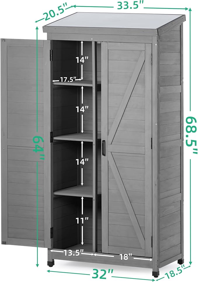 Outdoor Storage Shed Waterproof, Potting Shed with Storage Cabinet and Metal Table Top for Backyard Garden Patio, Outdoor 68 Inches Wood Tall Shed