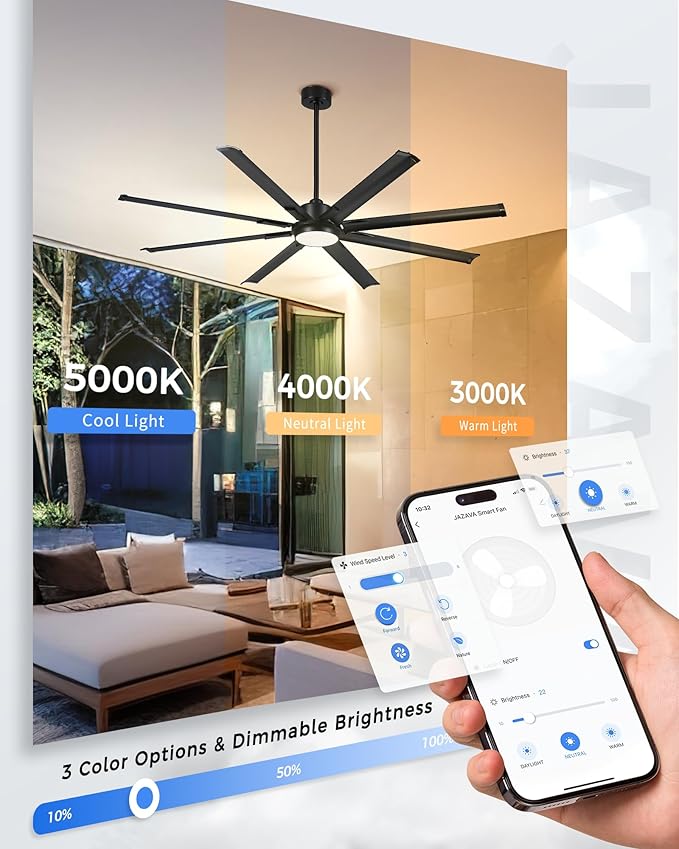 72 Inch Ceiling Fan With Light,Industrial Ceiling Fan With 8 Aluminium Metal Blades,Smart Fan Work with Alexa,Garage Indoor/Outdoor Fan For Living Room and Patio,CF04BK-72