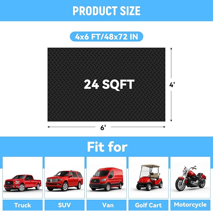 4x6 FT Garage Floor Mat,2.8mm Thickened PVC Flooring Roll for Under Car,24 SQFT Diamond Plate Black Garage Mats for Truck,Trailer,SUVs,Van,Golf Cart,Motorcycle（Included Tapes）