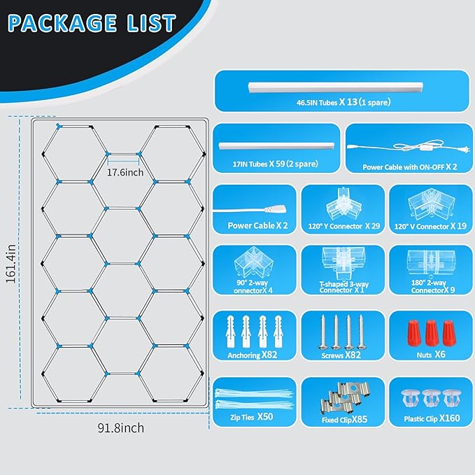 tewei Hexagon LED Garage Lights with Rectangle Frame, 900W 90000LM 6500K, Ultra-Bright Hexagon LED Shop Lights for Garage, 14 Grids Hex Ceiling Light for Workshop, Warehouse, Gym, Car Detailing Shop