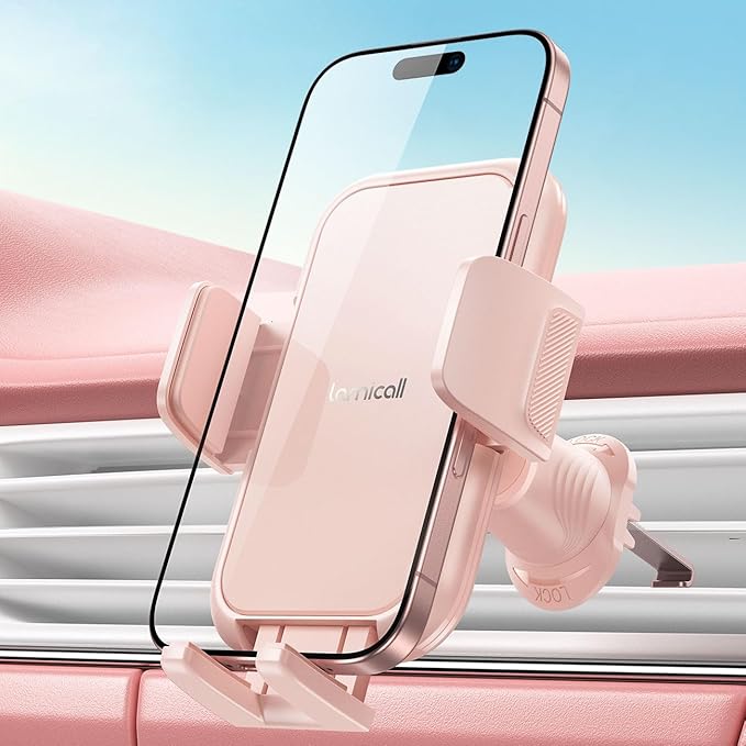 Lamicall 2025 Wider Clamp & Metal Hook Car Phone Holder Vent [Thick Cases Friendly] Phone Holders for Your Car Mount Automobile Hands Free Cradle Air Vent Pink
