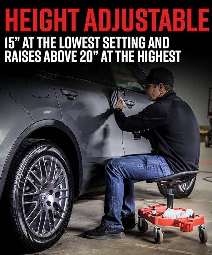 Adam's Polishes Pro Rolling Stool, Car Detailing Stool Chair, Shop Stool with Wheels, Garage Organizer, Tool Organizer Tray, Adjustable Height for Car Cleaning Buffer Polisher Ceramic Coating Car Wax