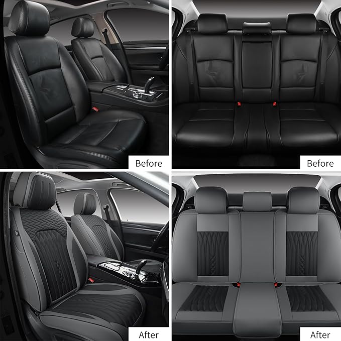 Car Seat Covers Full Set, Leather Seat Covers for Cars, Car Seat Protector Waterproof, Non-Slip Car Interior Covers Fit for Most Cars, SUV, Vans, Trucks,5Seaters,Full Set,Gray-Black,COMFDRIVE-A03