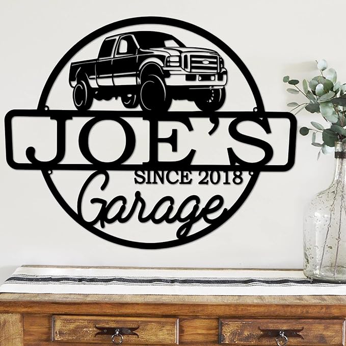 Personalized Metal Name Garage Sign, Custom Plaque Wall Art, Worshop Metal Sign, Housewarming Est Year Man Cave Dad's Gift, Mechanic Workshop American Car Pickup