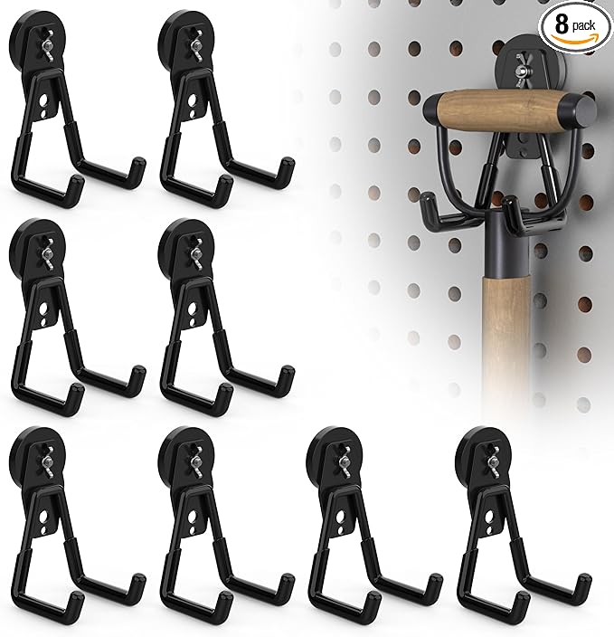 8 Pack Large Magnetic Hooks Heavy Duty Extra Strong Magnetic Garage Hooks Big NdFeB Industrial Magnet Hooks Magnetic Utility Storage Holder Organization with Anti-Slip Coating for Hanging Garden Tools