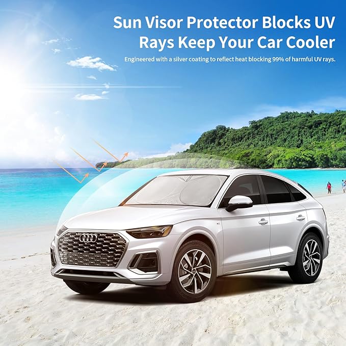 Custom Sunshade Windshield Sun Shade for 2018-2023 2024 2025 2026 Audi Q5 Q8 SUV Accessories Front Window Shades Cover for Windshield Sun Visor Screen Foldable 2 Layers 210T Protector Blocks UV Rays