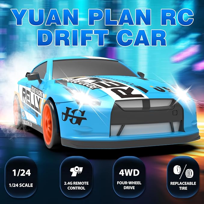 RC Drift Car 2.4GHz 1:24 Scale 4WD Remote Control Car 15KM/H High Speed Drifting RC Cars with Cool Lights, Two Batteries and Extra Tires Toys for Kids Boys Girls Adults, Blue