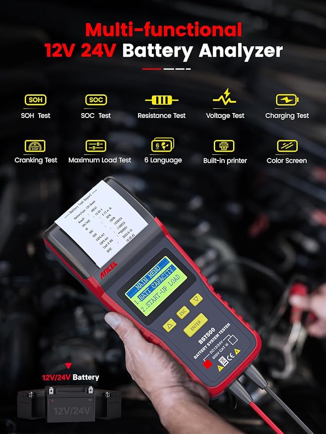 ANCEL BST500 Car Battery Tester with Printer, 12v 24v Automotive Battery Load Tester, Cranking Charging System Analyzer, 99.99% Accuracy for Car Motorcycles Truck SUV ATV RV and More